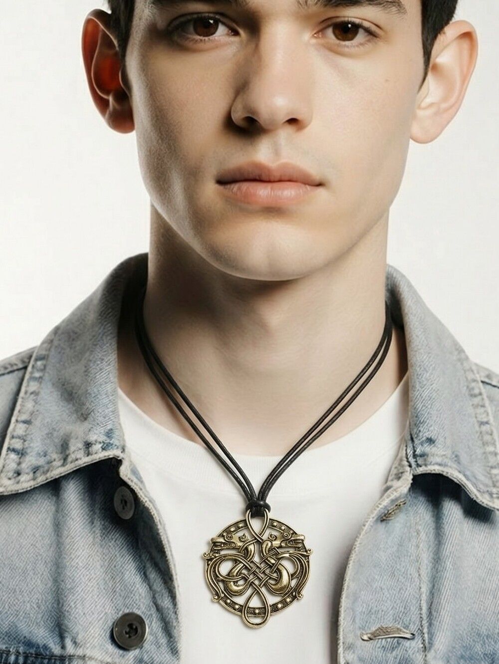 Gold Celtic Twin Wolf Necklace Viking Odin Pendant Rune Knot Adjustable Cord